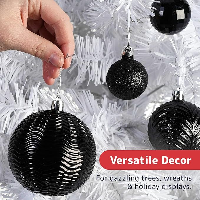 PREXTEX 36 Piece Christmas Ornaments Set - Black Shatterproof Balls in 6 Styles and 3 Sizes with Hanging Loops - Elegant Christmas Tree Decorations for Indoor and Outdoor Black Xmas Tree Display