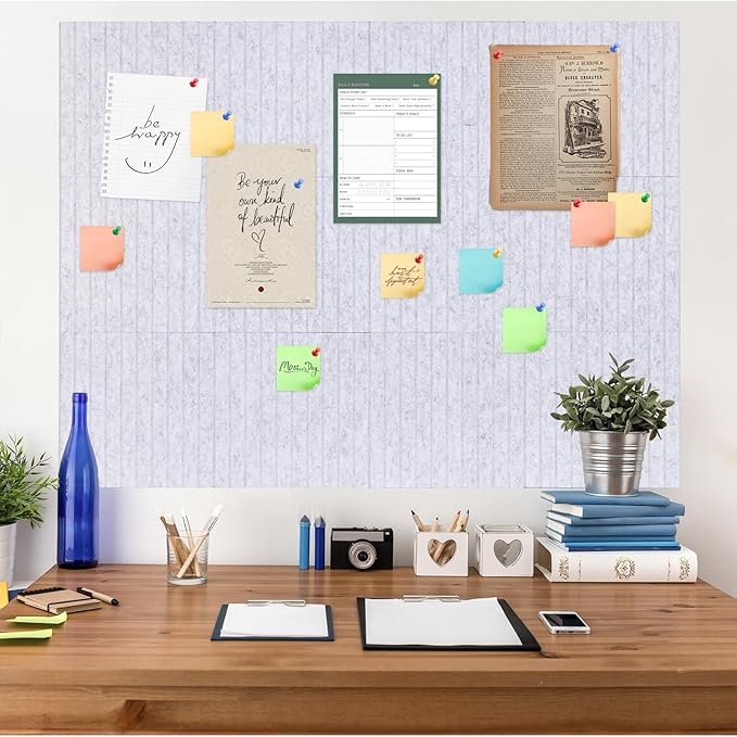 Large Cork Board Alternative, 12 Pack Felt Board with Safe Removable Adhesive Tabs Felt Wall Tiles, Large Cork Boards for Walls, Cork Board for Home Office, Pin Boards for Walls, Stripe Marble White