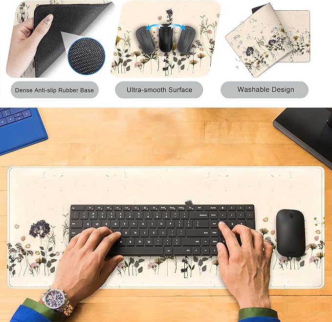 Wildflowers Desk Pad Beige Yellow Gaming Desk Mat, Large Keyboard Mouse Pad XL, Extended Full Laptop Mouse Mat, Office & Home Decor for Women, Desktop Aesthetic Accessories 31.5" x 11.8"