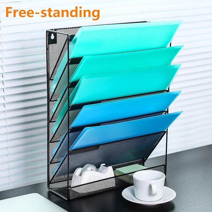 7-Compartment Wall Mounted Hanging File Organizer Cubicle Wall File Holder Vertical Document Organizer for Office Home, Black