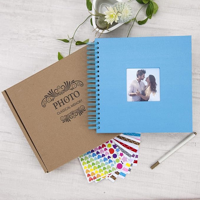 10 x 10 Inch DIY Scrapbook Photo Album with Window Design Cover 80 Pages Craft Paper Memory Book for Weeding Anniversary Travel and Baby (Blue)