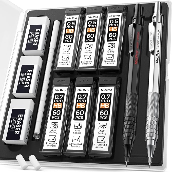 Nicpro 2 PCS Mechanical Pencils 0.5mm & 0.7 mm with Case, MP1000 Metal Artist Pencil Set with 6 Tubes HB Lead Refills, 3 Erasers, 9 Eraser Refills For Art Writing Drafting Drawing, Black & Silver