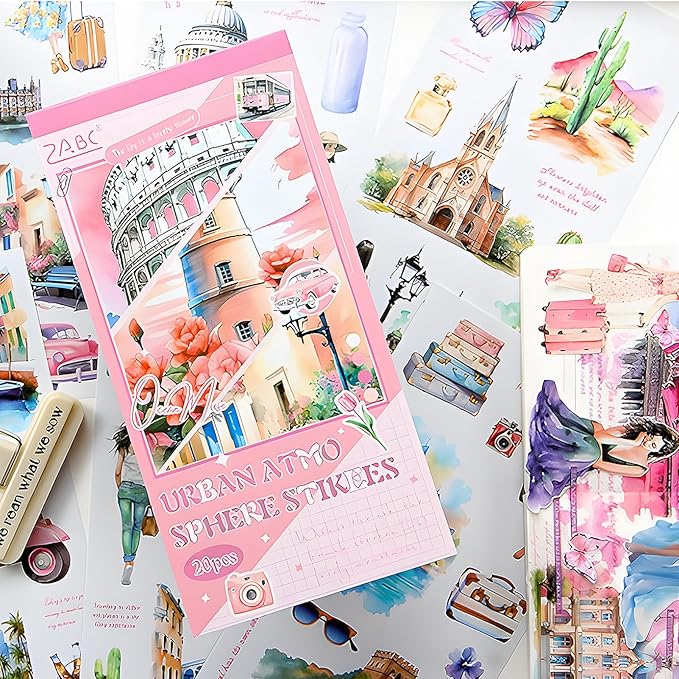 Snycler Pink City Series Sticker Book - 20 Sheets Vintage PET Stickers for Scrapbooking, Junk Journaling, Ephemera, and Decorative Crafts - Pre-Cut Urban Design Stickers