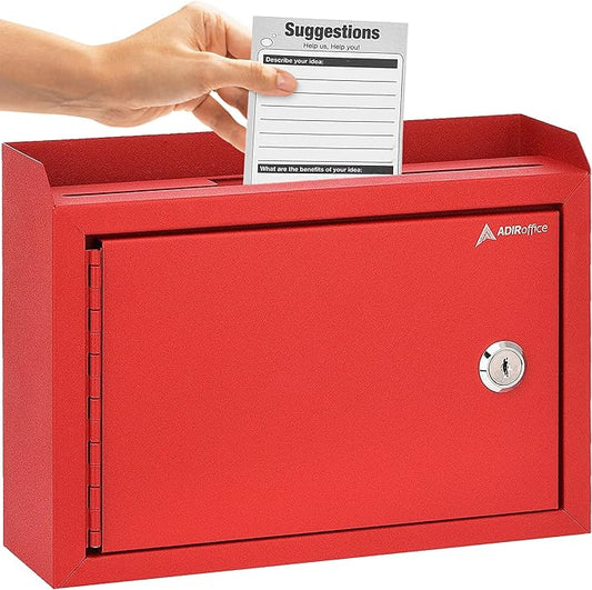 Adir Suggestion Box with Lock and Slot, Wall Mount Deposit Box for Payment and Checks, Office Mail Box for Employees, Money Drop Box with Keys, Drop Safe Box - 9.75x7x3 Inch Red