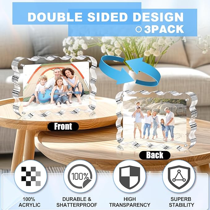 Aheroi Acrylic Picture Frames, 3 Pack 4x6 Clear Scalloped Photo Frame Freestanding Magnetic Double Sided Picture Frames, Transparent Thickened Frameless Acrylic Sign Holder, No Instal
