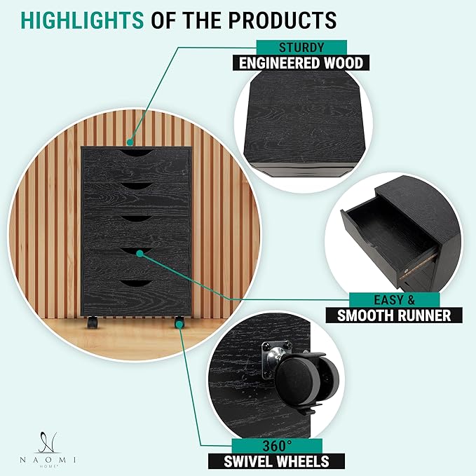 Naomi Home 5 Drawer Office Storage File Cabinet Under Desk Cabinets for Organization Filing with Wheels, Printer Stand Storage, 180 lbs Capacity, Distressed Black (11397AM)