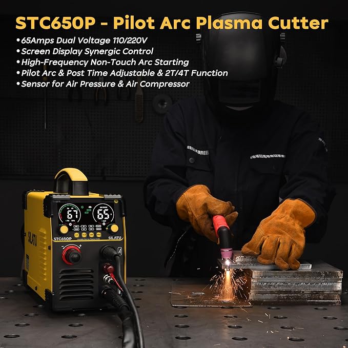 SILATU 65Amps Plasma Cutter, Large LED Display, Non-Touch Pilot Arc, Air Sensor Technology, 110/220V Dual Voltage IGBT Inverter Plasma Cutter Machine, 14mm Clean Cutting Thickness for Beginners DIY