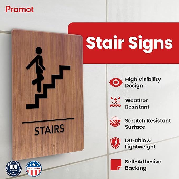 Promot Stair Sign – ADA Braille Stairway Sign for Business, Self-Adhesive, 9" x 6", Commercial Door Signage, Office Wall Decor - Chestnut