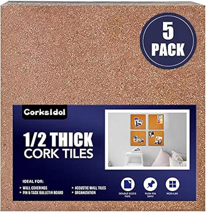 Corksidol Cork Tiles 12"x12" - 1/2" Thick -Bulletin Board-Cork Board- Ultra Strong Self Adhesive Backing for Floor/Wall/DIY-5 Pack
