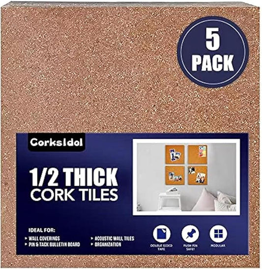 Corksidol Cork Tiles 12"x12" - 1/2" Thick -Bulletin Board-Cork Board- Ultra Strong Self Adhesive Backing for Floor/Wall/DIY-5 Pack
