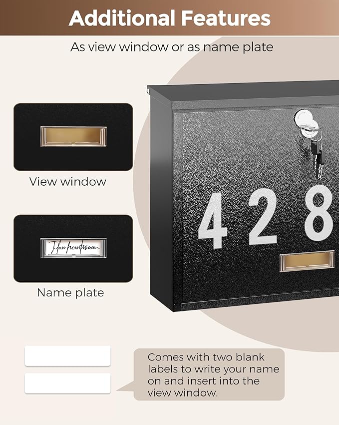 LAND·VOI Locking Wall-Mount Mailbox for Outside, with 4 Keys, Galvanized Steel Rustproof Metal Postbox, 4" Dx13.8 Wx11.2 H, Includes 3 Sets of Mailbox Numbers, Nameplate, Black, AMB33B