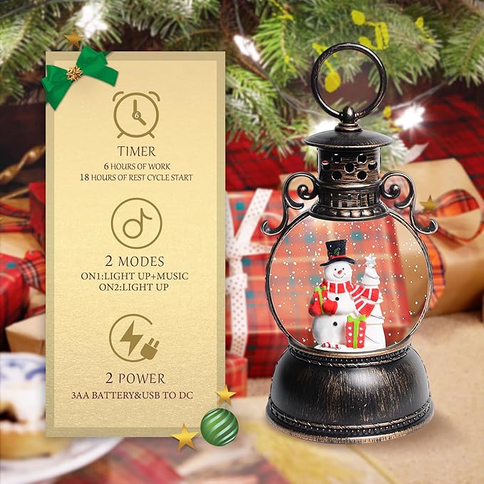 Christmas Snow Globes, Snowman Christmas Lantern with 8 Songs, 6H Timer Battery & USB Powered Glitter Music Box for Christmas Table Decorations