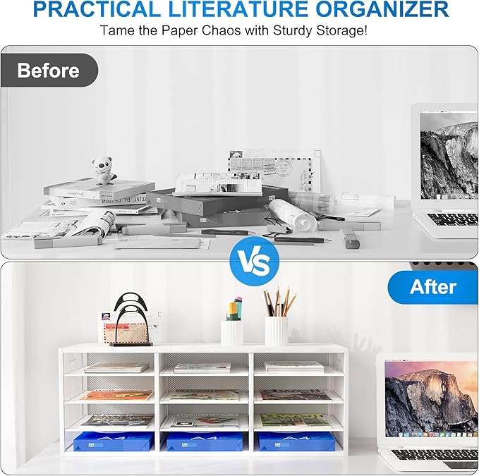 Mail Sorter Adjustable Countertop Mail Holder, Heavy Duty Literature Organizer, Student Mailbox for Classroom, Desktop Bill Paper Organizer for Office Home School, 12 Compartments, White