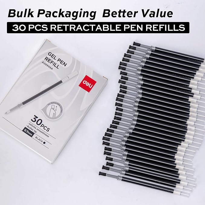 deli Gel Pen Refills, 30 Pcs Retractable Pen Refills Black Ink, Medium Point 0.7mm, Smooth Writing, Fast Dry, No Bleed for Journaling Note Taking, Home School Office Supplies