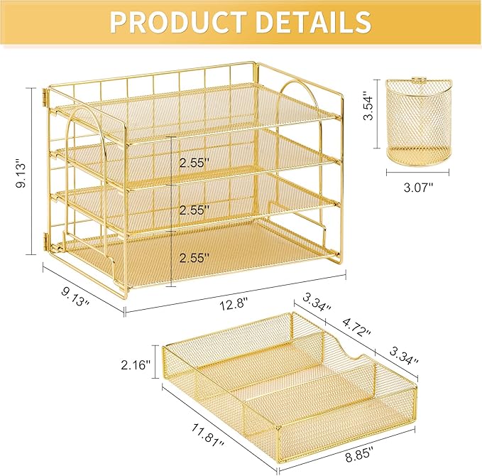 Lavatino Paper Letter Tray Organizer with File Holder, 4-Tier Desk Accessories & Workspace Desk Organizers with Drawer and 2 Pen Holder for Office Supplies (Gold)