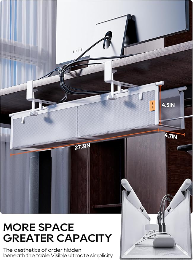 Under Desk Cable Management Tray No Drill, Cable Ties Included, Eco-Friendly Canvas Material, Mesh Design for Heat Dissipation, Cable Organizer/Storage for Standing Desk(27inch, White)