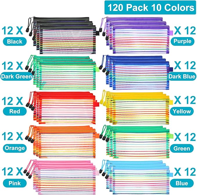 Fainne 120 Pack Mesh Pencil Pouch Mesh Zipper Pouch 9" x 4.7" Pencil Case Bulk Multipurpose Cosmetics Toiletry Small Bag for Office Travel(Multicolored Stripes Colors)