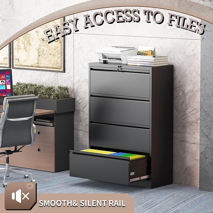 4 Drawer Lateral File Cabinet with Lock, Metal File Cabinet, Lateral File Cabinets for Home Office, Heavy Duty File Storage Cabinet for Legal/Letter/A4 Document, Assembly Required, Black