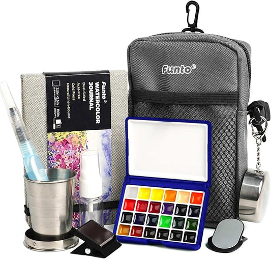 Funto Mini Watercolor Paint Set, All-In-One 24-Color Travel Paint Kit, with Crossbody Bag, Watercolor Journal, Paint Water Cup, Pocket Set for Artists