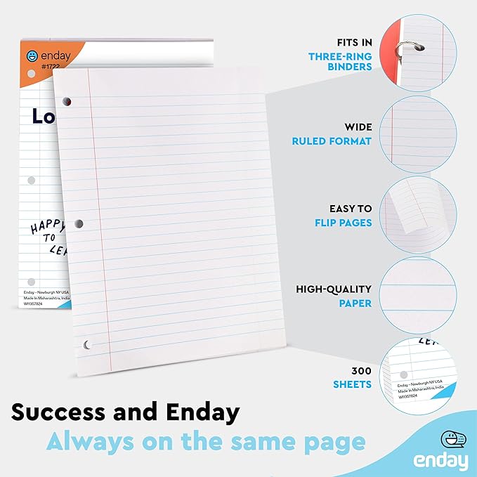 Loose Leaf Paper Bulk, 3600 Sheets, Wide Ruled (24 Pack) 150 Sheets Per Pack, 8" x 10.5" White Filler Paper, 3 Hole Punched Binder Paper for 3 Ring Binders, Notebook Paper - By Enday