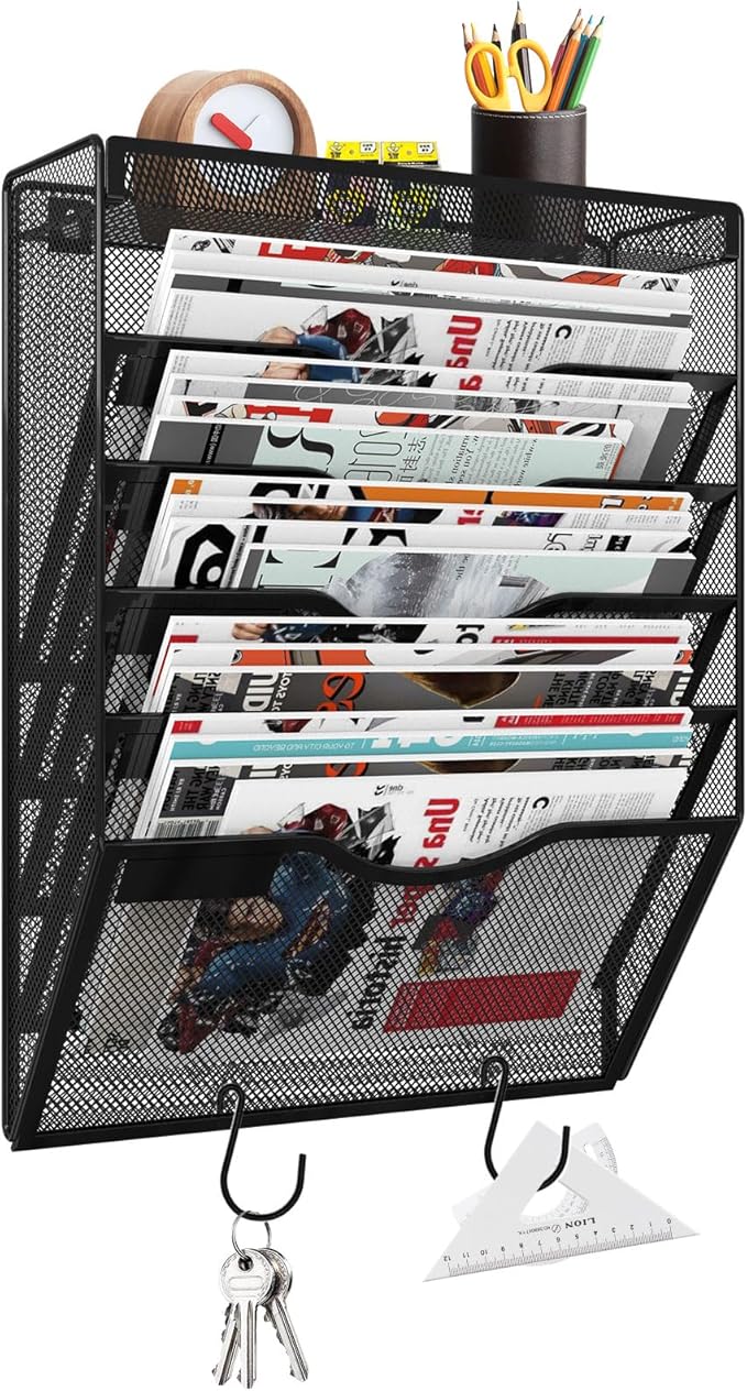 6 Tier Wall File Organizer Hanging Vertical File Organizer, Wall Mounted Mail Paper Document Folder Holder, Mesh Magazine Rack Mail Document Organizer for Office School Home(Black)