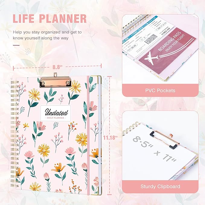 Ospelelf Undated Spiral Bound Planner 2025 2026 Daily, Weekly and Monthly Planners, Pink Teacher Planner 12 Month 8.5 x 11