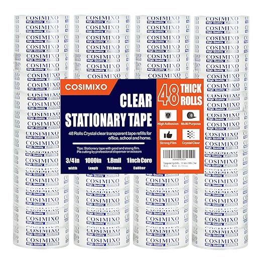 COSIMIXO 48Rolls Crystal Clear Tape Refills for Dispenser, 3/4Inch x 1000 inch,Bulk Transparent Tape,Office Stationery Tape for Home and School