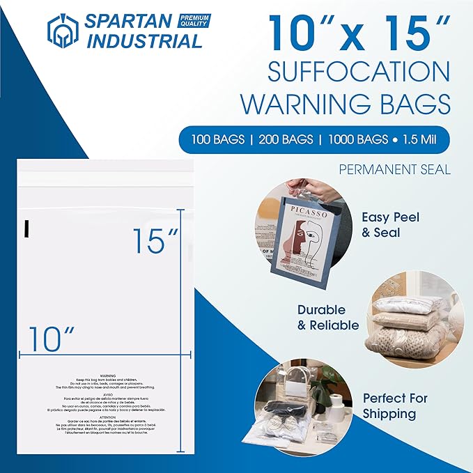 Spartan Industrial - 10" X 15" (1000 Count) Self Seal Clear Poly Bags with Suffocation Warning for Packaging, T Shirts - Permanent Adhesive