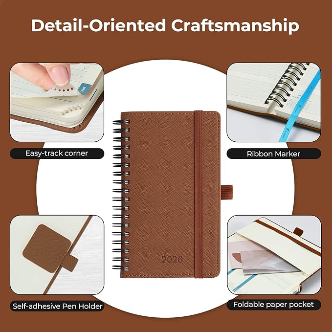 Planner 2026 Daily Weekly and Monthly,6.5"x3.75",12 Months Spiral Bound Calendar Agenda with Self-adhesive Pen Holder,2026 Appointment Book with Vegan Leather Soft Cover,Brown
