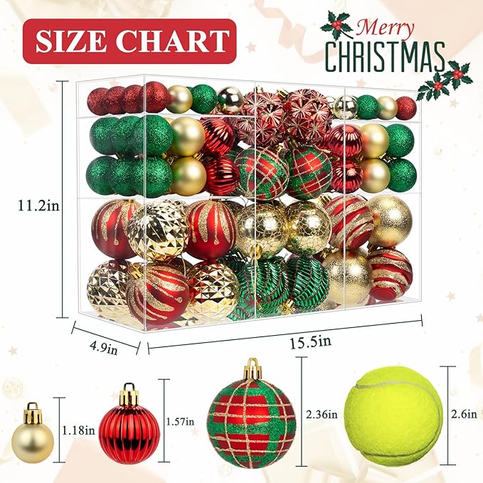 100ct Christmas Ball Ornaments Set, Red Green and Gold Shatterproof Hand-Painted Hanging Baubles Decoration Bulk for Xmas Tree, Wreath, Garland, Home Holiday Decor