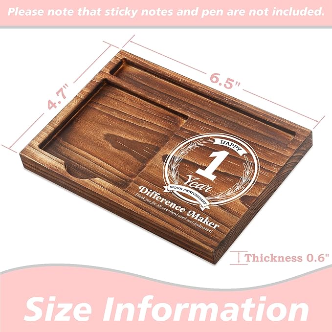 1st Work Anniversary Sticky Note Holder Wooden Notepad & Pen Holder 6.5" x 4.7" Sticky Note Pad Holder Dispenser for Desk Difference Maker Work Appreciation Gifts, NPA226