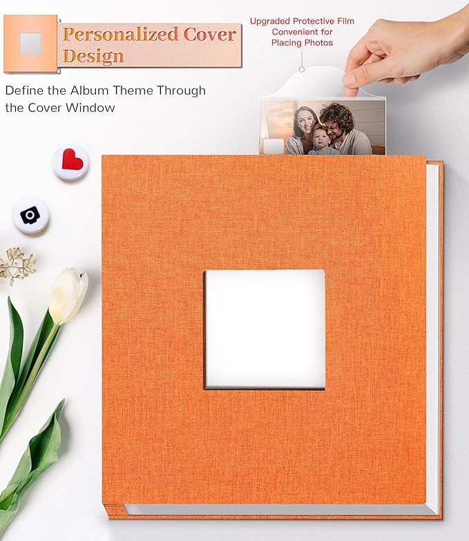 Photo Album Self Adhesive Scrapbook Album for 3x5 4x6 5x7 8x10 Pictures,60 Pages Linen Cover with Display Window DIY Photo Book,Ideal Gifts for Family Travel Wedding Baby