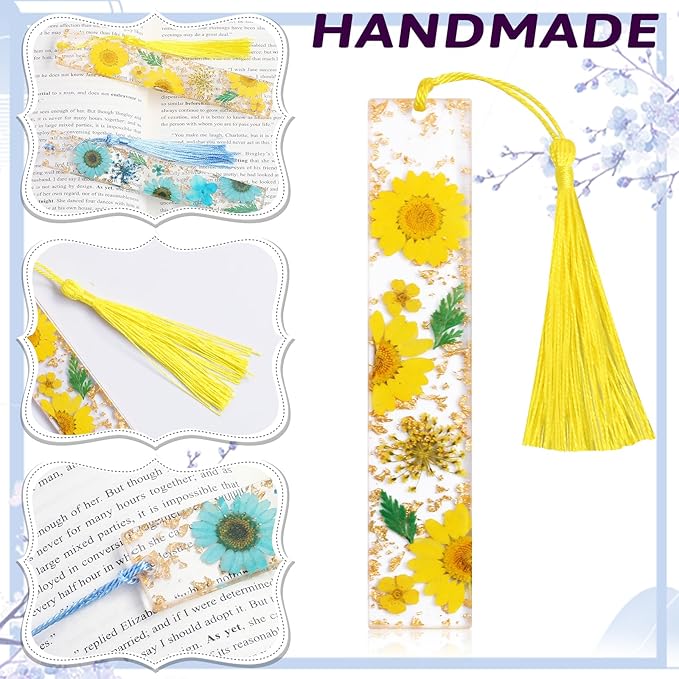 Bookmarks for Women, Kaluofan 2PCS Book Markers for Reading, Durable Handmade Dried Flower Resin Bookmarks with Tassels, Pretty and Increase Reading Interest