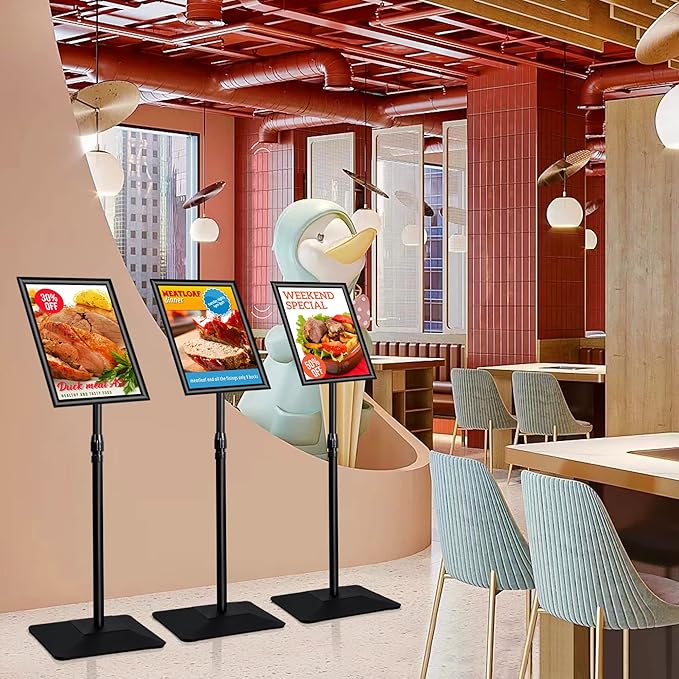 3 Packs Heavy Duty Pedestal Poster Sign Stand, 8.5"x11" Adjustable Floor Standing Sign Holder with 6.6Lbs Solid Steel Base for Vertical and Horizontal View Sign Displayed Stands, Black