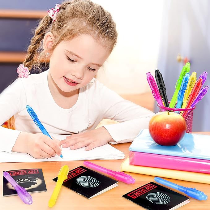 GIFTINBOX Invisible Ink Pens with UV light for Kids, Spy Pen Party Favors for Kids 8-12, 12 Pack Invisible Ink Pen and Notebook, Magic Marker for Secret Message Birthday Party Favors for Kid 4-8