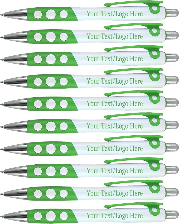 SyPen Personalized Ballpoint Pens With Custom Logo/Text-350 Pack Bulk-for Businesses, Parties, & Events, Custom Printed, White Barrel with Matching Colored Clip and Grip, Click Pens, Black Ink, Green