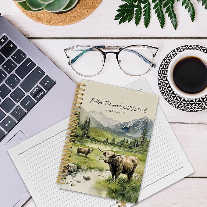 Christian Highland Cow Spiral Notebook, Farmhouse Cow Bible Journaling Notebooks, Rustic Country Mountain Farmhouse Hardcover Journals for Women 160 Pages 5.5x8.3 Inch, Christian Gifts for Women