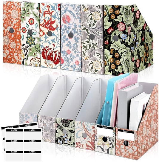 PerKoop 12 Pcs Magazine File Holder Foldable Decorative Cardboard File Folders 6 Patterns Floral Colored Magazine Rack with Printable Sticker Labels for School Office Home Desk (Floral)