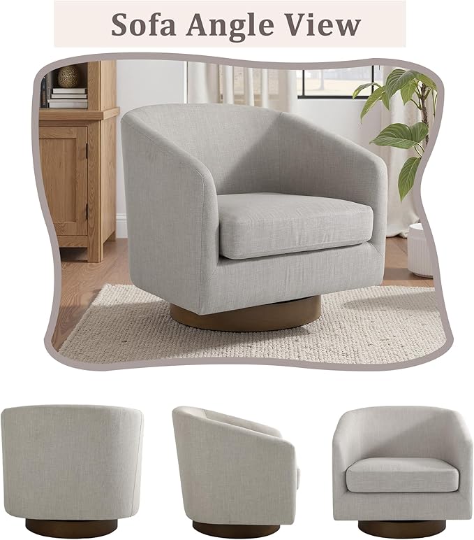 UIXE Swivel Accent Chair with Wood Base, Fabric Upholstered Barrel Chairs for Living Room, Comfy Round Armchair Single Sofa Bedroom Reading Seat - 31" W, Khaki
