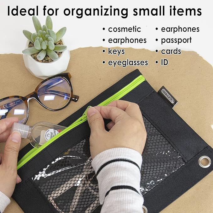 BAZIC Pencil Pouch 3 Ring Binder Pouch w/Rivet Enforced Rings Holes, Neon Black Color Mesh Window Zipper Pouches, 24-Pack