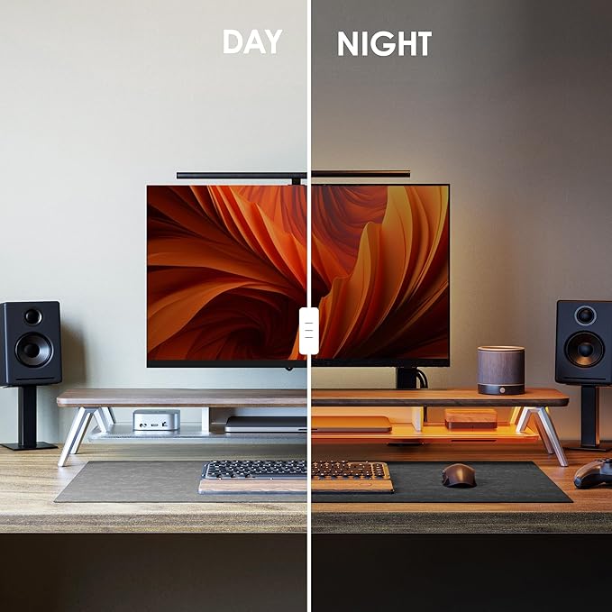 Fenge Dual Monitor Stand for Desk, 2 Tiers Monitor Riser with Acrylic Shelf & App Control LED Lights, 42.5 Inch Wood and Aluminum Desk Shelf with Phone and Tablet Holder