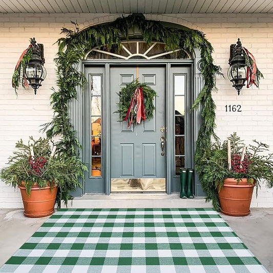Green & White Christmas Plaid Rug, 4' x 6' Check Indoor/Outdoor Area Rug, Hello/Welcome Door Mat Layering Rug, Machine Washable Cotton Woven Rugs for Farmhouse Front Porch, Entryway