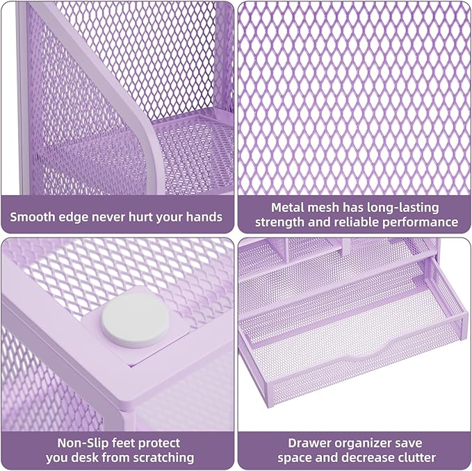 Marbrasse Mesh Pen Holder for Desk, Multi-Functional Pencil Organizer with Drawer, Desk Organizers and Accessories for Office Art Supplies (Purple)