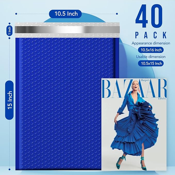 Fuxury Large Bubble Mailers 10.5x16" 40 Pack Self Seal Padded Envelopes Waterproof Mailing Envelopes Bubble #5 Cushioning Padded Mailers for Small Business Packaging Royal Blue