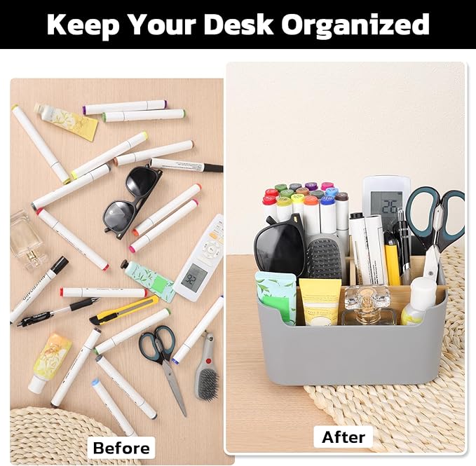 Segarty Gray Desk Storage Organizer, Detachable Divided Bamboo Remote Control Holder Caddy, Desktop Pen Pencil Holder Container Box for Office Supplies Home Bedside Table
