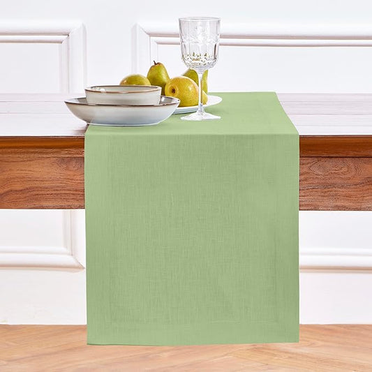 Solino Home Linen Table Runner 72 Inches Long - 100% Pure Linen Laurel Green Dining Table Runner 14 x 72 Inch for Fall, Autumn, Thanksgiving - Fete