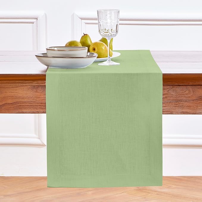 Solino Home Linen Laurel Green Table Runner 132 Inches Long - 100% Pure Linen Extra Long Table Runner 14 x 132 Inch for Fall, Autumn, Thanksgiving - Fete