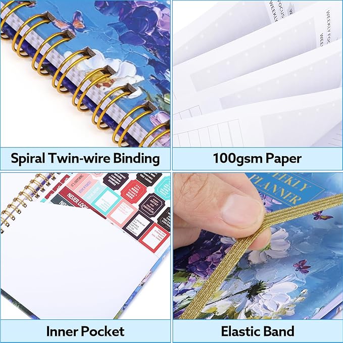 Undated Weekly Planner, A5 Weekly To Do List Notebook with Habit Tracker Spiral Binding Weekly Planner Notebook with Stickers Home Work School Supplies, Purple Flower