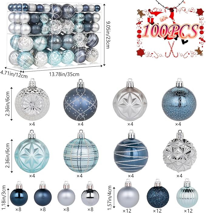 100ct Blue and Silver Christmas Ornaments Set, Shatterproof Christmas Decorations for Tree Plastic Xmas Ball Ornaments with Assortment of Designs and Size for Holiday Party Decor (Black & Silver)