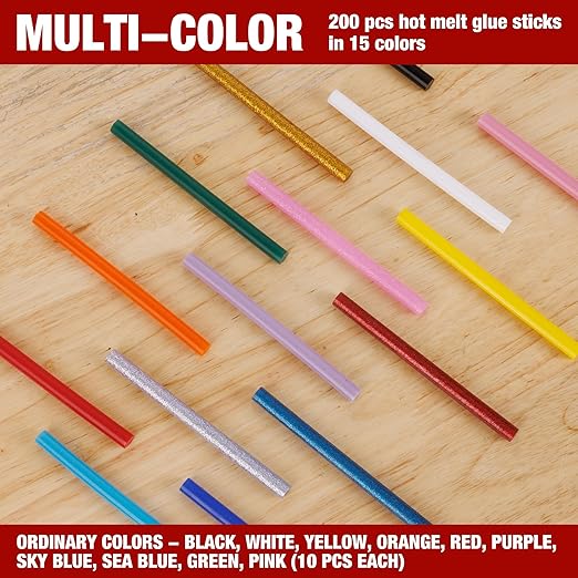 Arrow Mini Hot Glue Sticks, 200 Pack Multi Colored Glue Gun Sticks, Hot Melt High Viscosity All-Purpose Gun Stick in 15 Colors for DIY Art Craft
